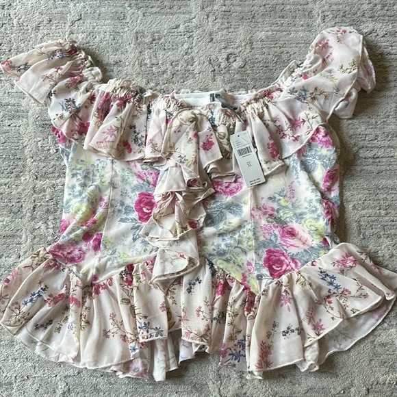 Anthropologie Off-The-Shoulder‎ Pink Floral Mesh Ruffle Top Cottage Core Boho - Picture 5 of 5